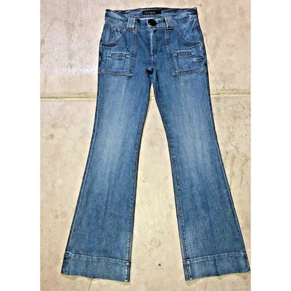 Women's Goldsign Blue Jeans Size 30 Flare 70's Hippie Medium Wash Button Accent